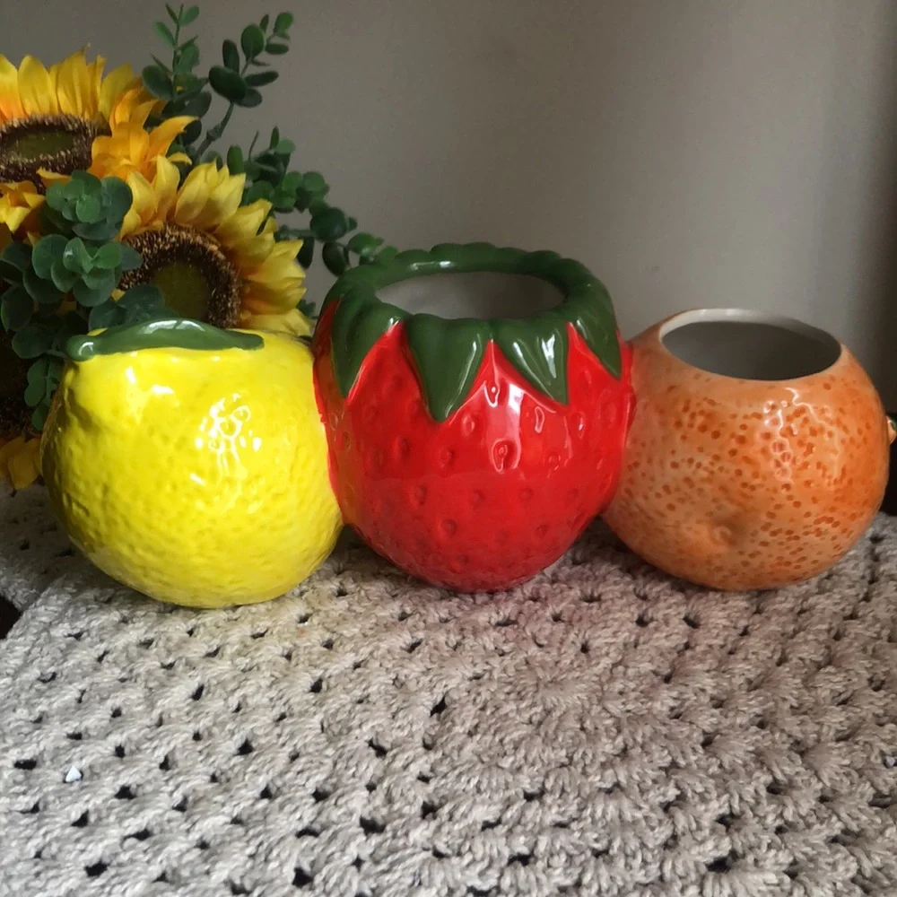 Fruit-Themed Ceramic Planter Pots Set - Orange, Red, Yellow